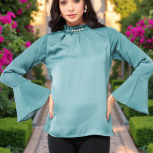 High Neck Pleated Bell Sleeve Top