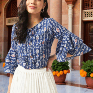 Ikat Printed Tie-Up Neck Bell Sleeves Cotton Top