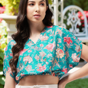 Floral Print Kimono Sleeve Blouson Overlap Crop Top